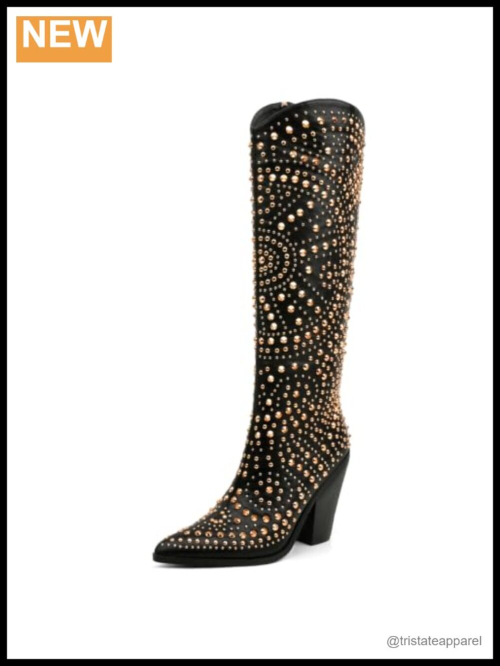 Studded Pointed Toe Chunky Heel Knee High Cowboy Boots